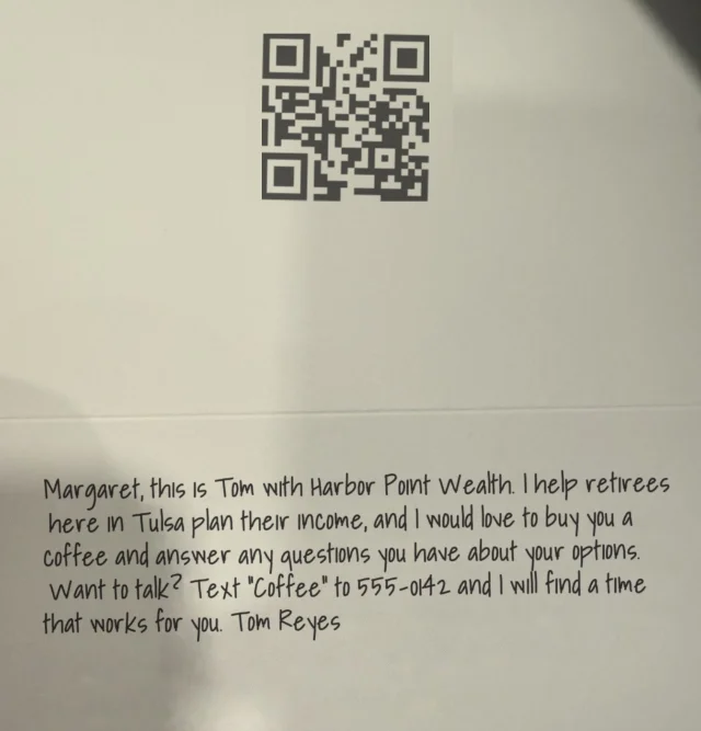 The handwritten card inside, with a QR code
